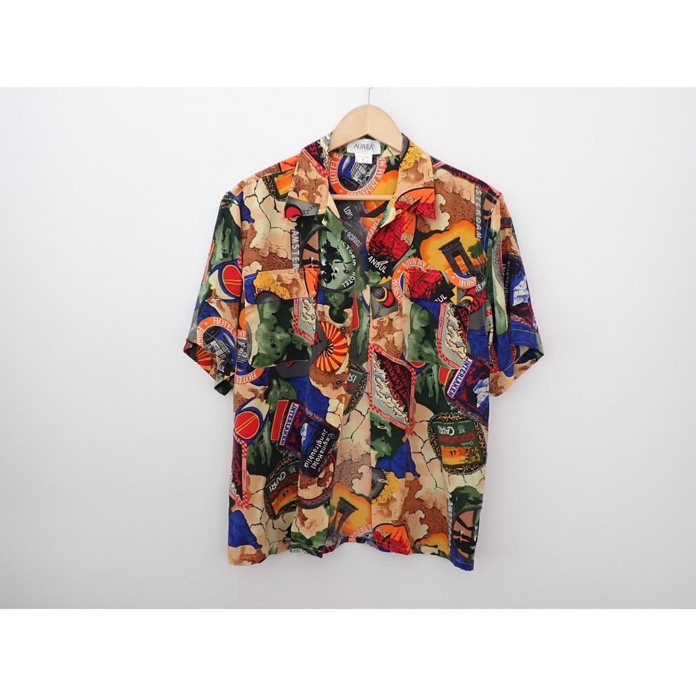 Aurea Mens Silk Short Sleeve Button Down Shirt Vintage Travel Label Print Medium